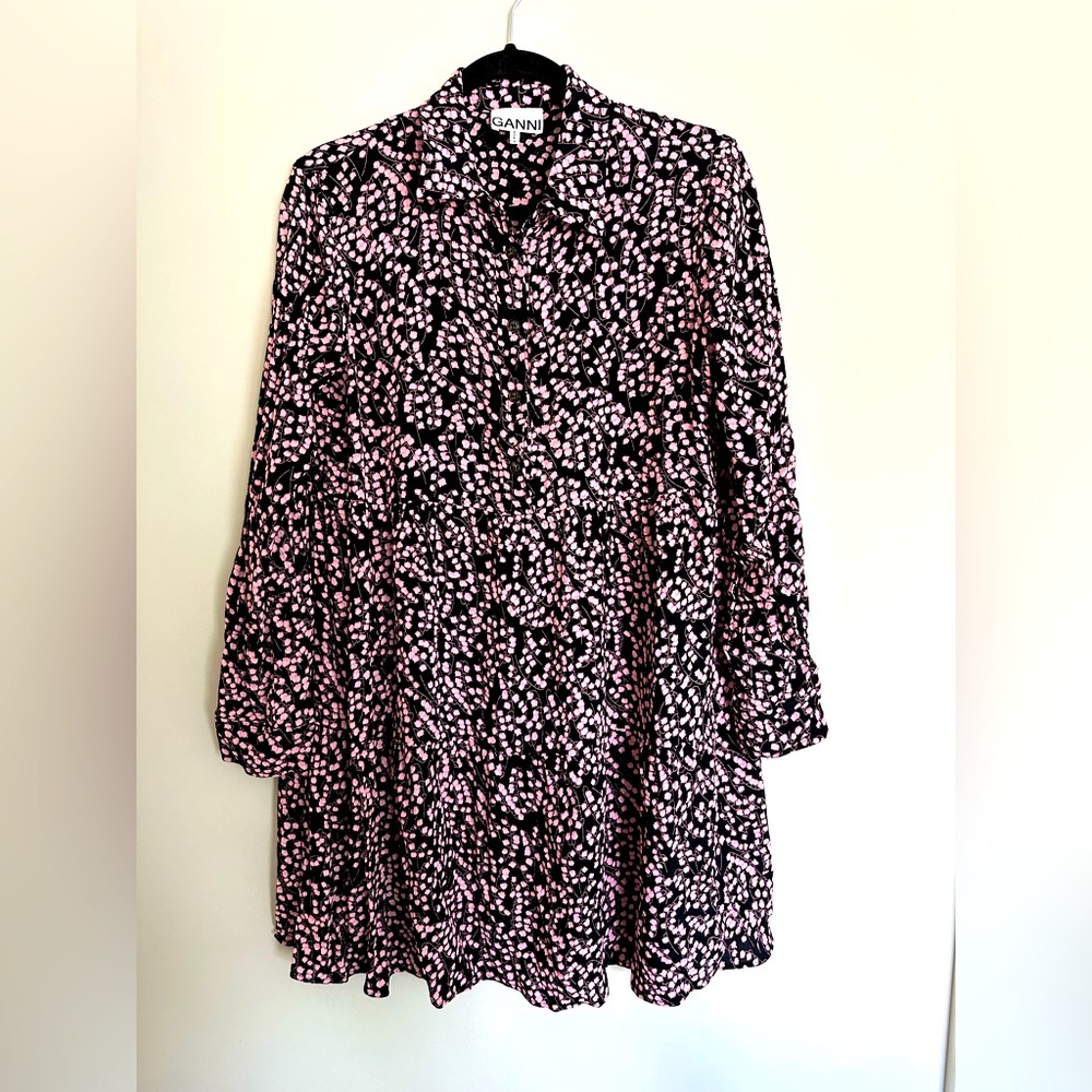 Ganni pink and black floral tunic dress with button up front